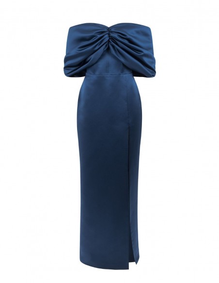 Robe longue en satin bleu marine avec encolure bardot