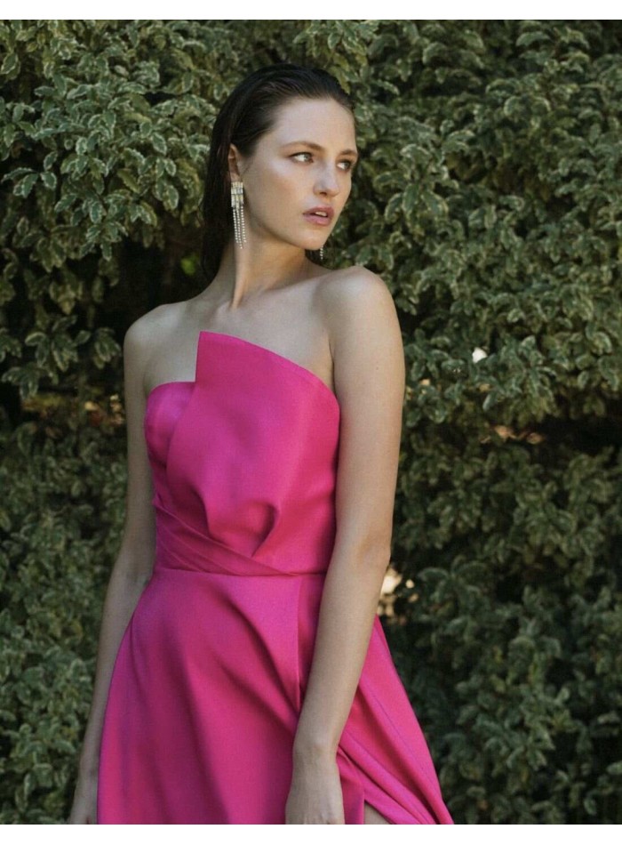 Long party dress with asymmetric neckline
