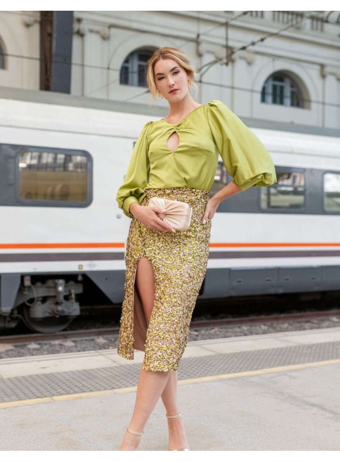 Midi party skirt with gold and green paillettes