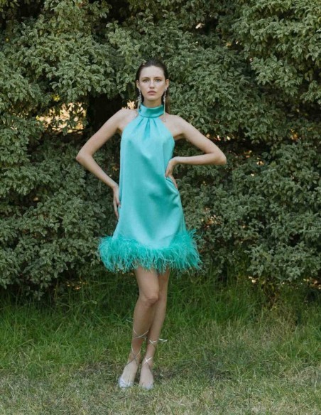 Robe de cocktail avec plumes et dos nu