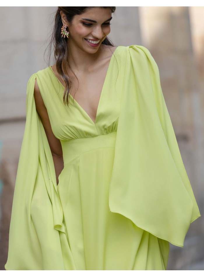 Lime green cape sleeve long party dress