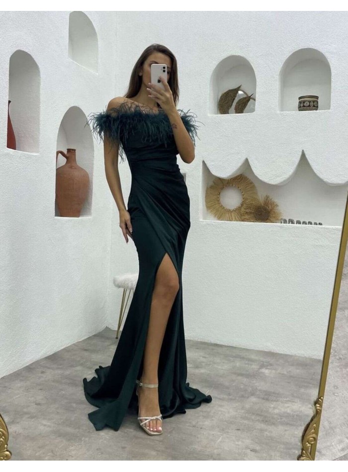 Long party dress with feathered bardot neckline and side slit