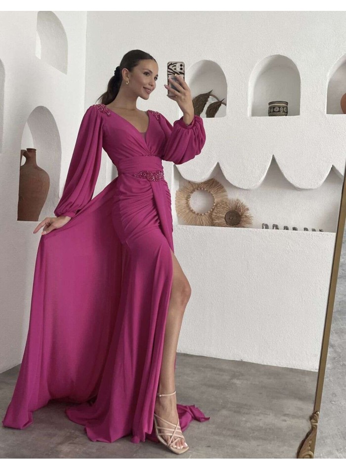 Long party dress with long puffed sleeves