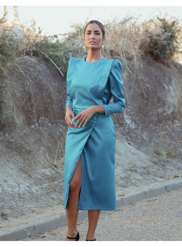 Turquoise midi party dress with crossover skirt
