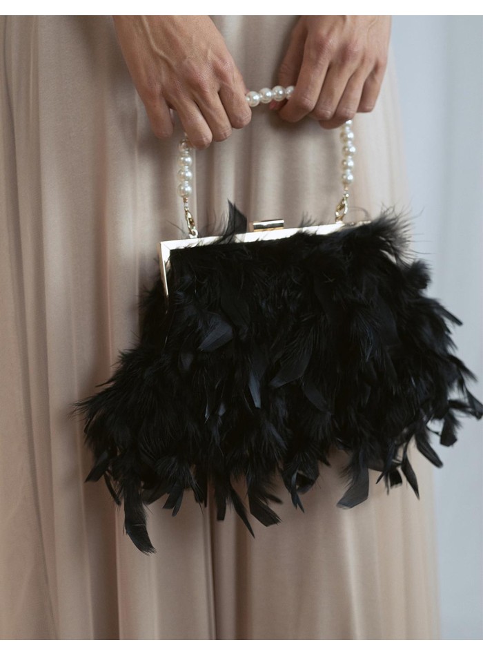 Sac de fête avec plumes et poignée en perles blanches - divers coloris