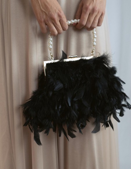 Sac de fête avec plumes et poignée en perles blanches - divers coloris