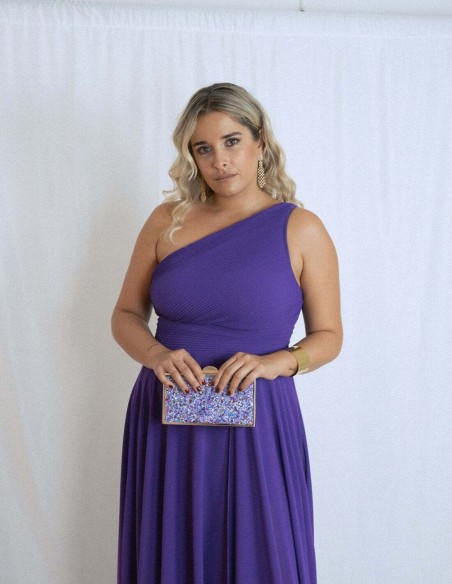 Long party dress with asymmetrical neckline and side opening
