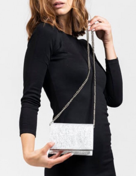 Mini metallic party bag with a long metal chain