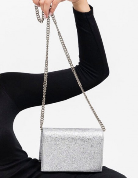 Mini metallic party bag with a long metal chain
