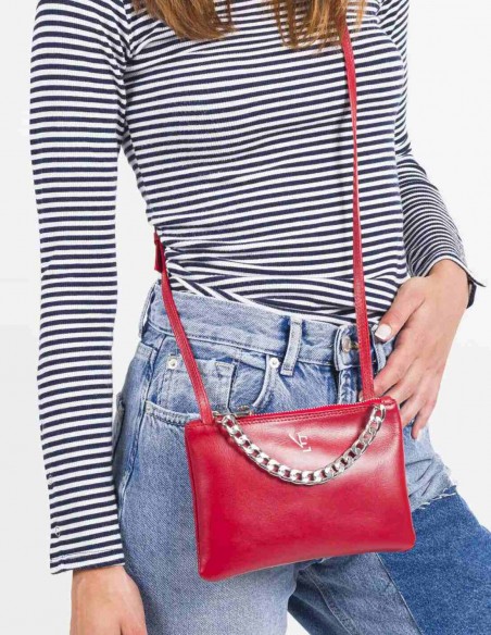 Mini leather bag with decorative chain and adjustable handle