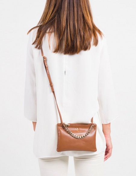 Mini leather bag with decorative chain and adjustable handle