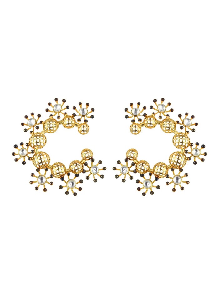 Gold party earrings decorated with flowers