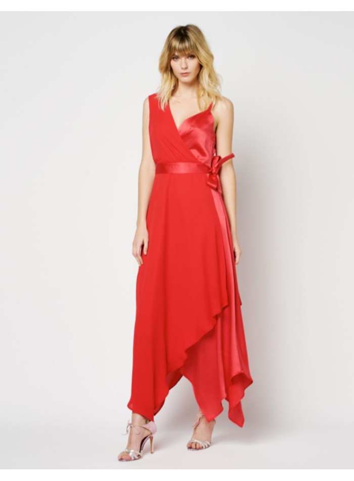Midi party dress with asymmetrical neckline and lacing at the waist