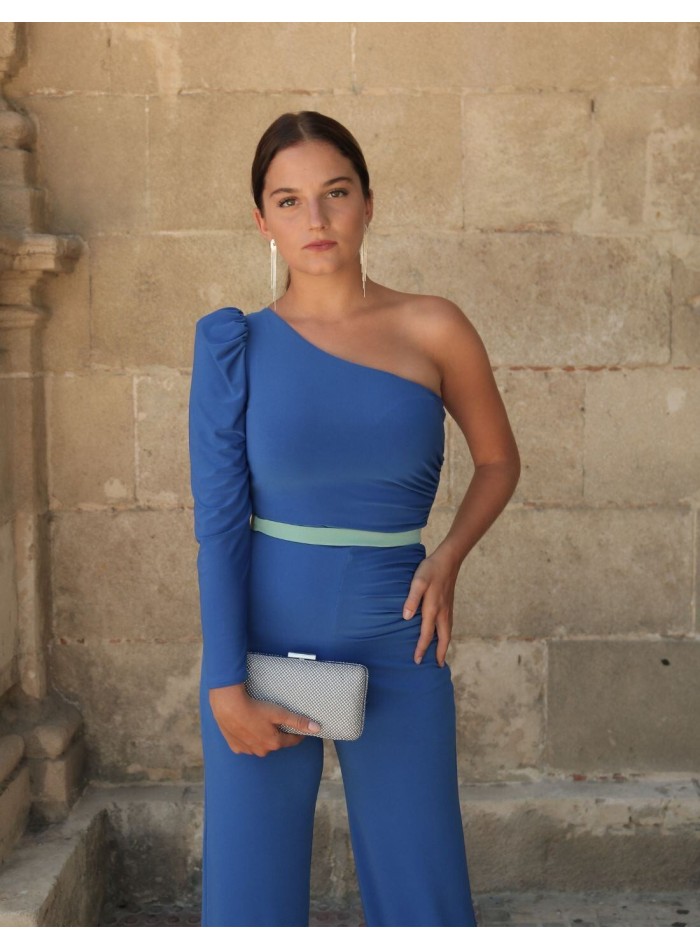 Blue jumpsuit with asymmetrical neckline and puffed sleeves