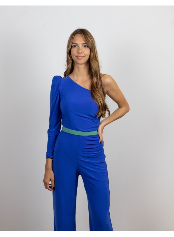 Blue jumpsuit with asymmetrical neckline
