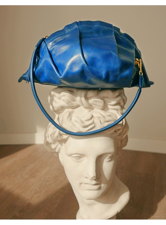 Blue gyoza handbag with leather handle-1
