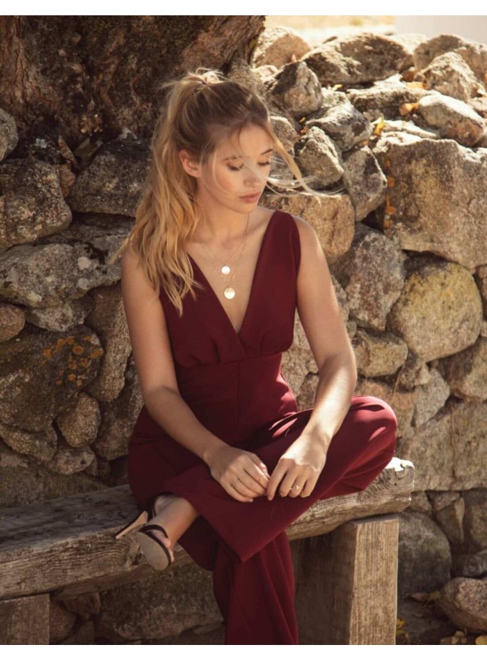 Maroon long jumpsuit with straps and V-neckline-1