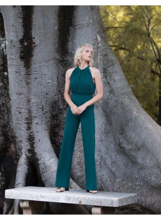 Emerald green long jumpsuit with draped halter neckline-1