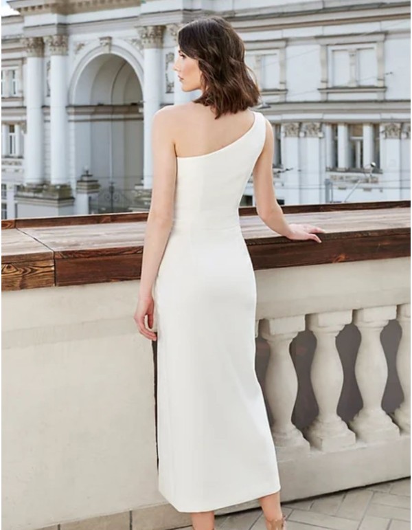 Vestido midi blanco roto escote asimétrico con abertura lateral para novias 2
