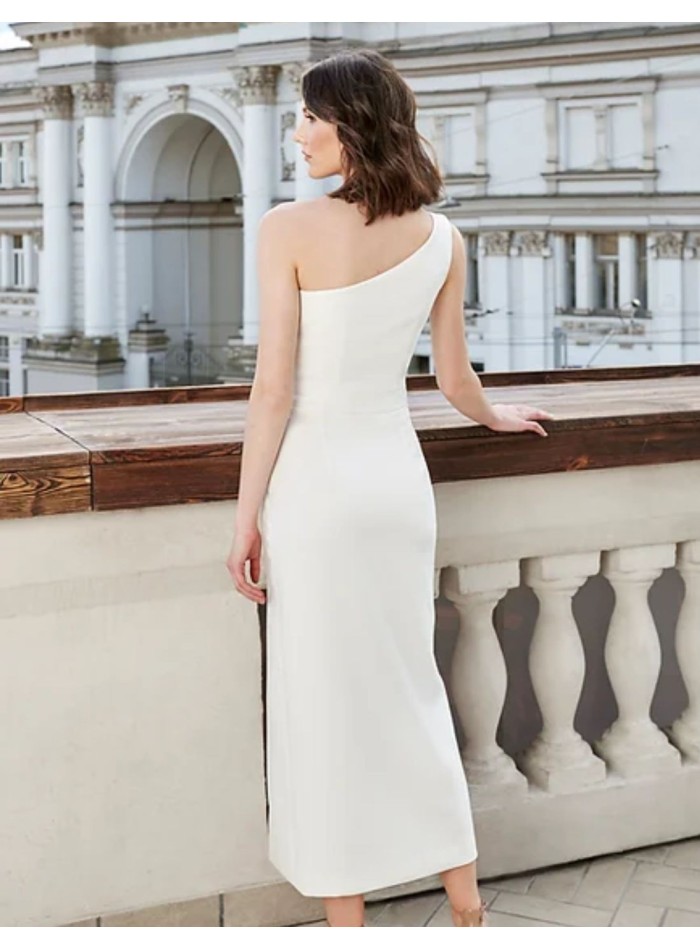 Off-white midi dress with an asymmetrical neckline and side slit for brides