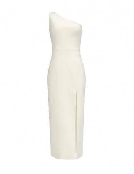 Off-white midi dress with an asymmetrical neckline and side slit for weddings Off-white midi dress with an asymmetrical neckline and side slit for weddings