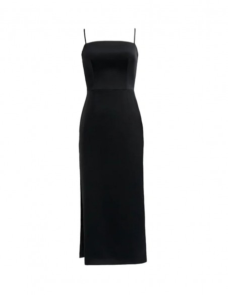 Black midi party dress with spaghetti straps and side slit for office looks