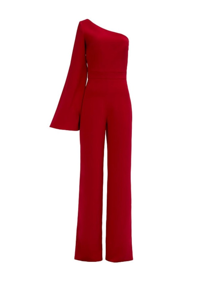 Party jumpsuit with cape and asymmetrical neckline