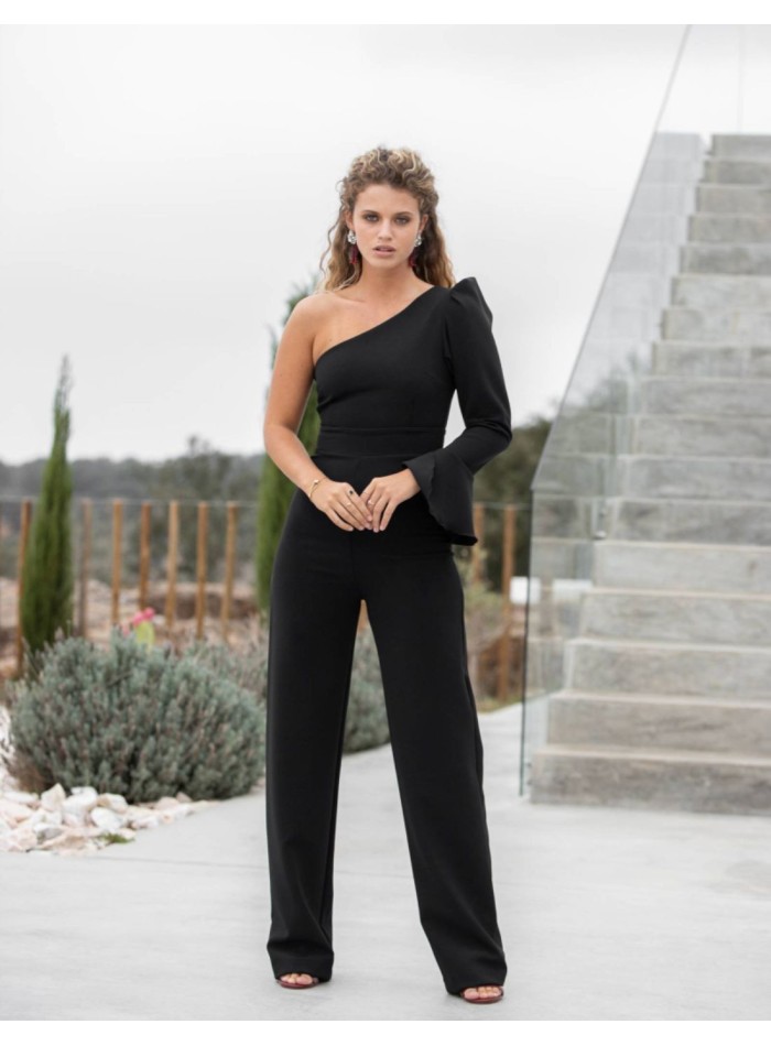 Black party jumpsuit with asymmetrical neckline and long trousers for parties