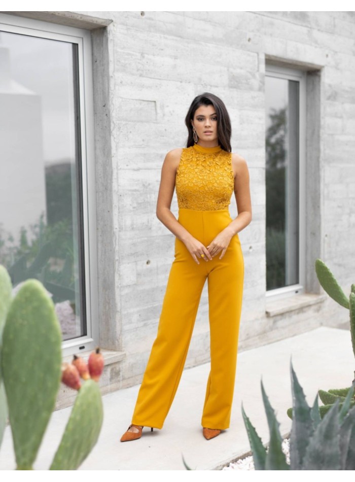 Mustard party jumpsuit with lace halter bodice for events