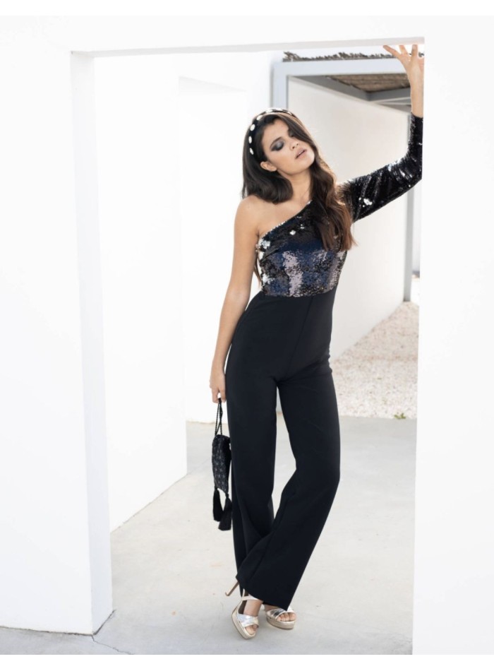 Long black party jumpsuit with sequins and asymmetric neckline