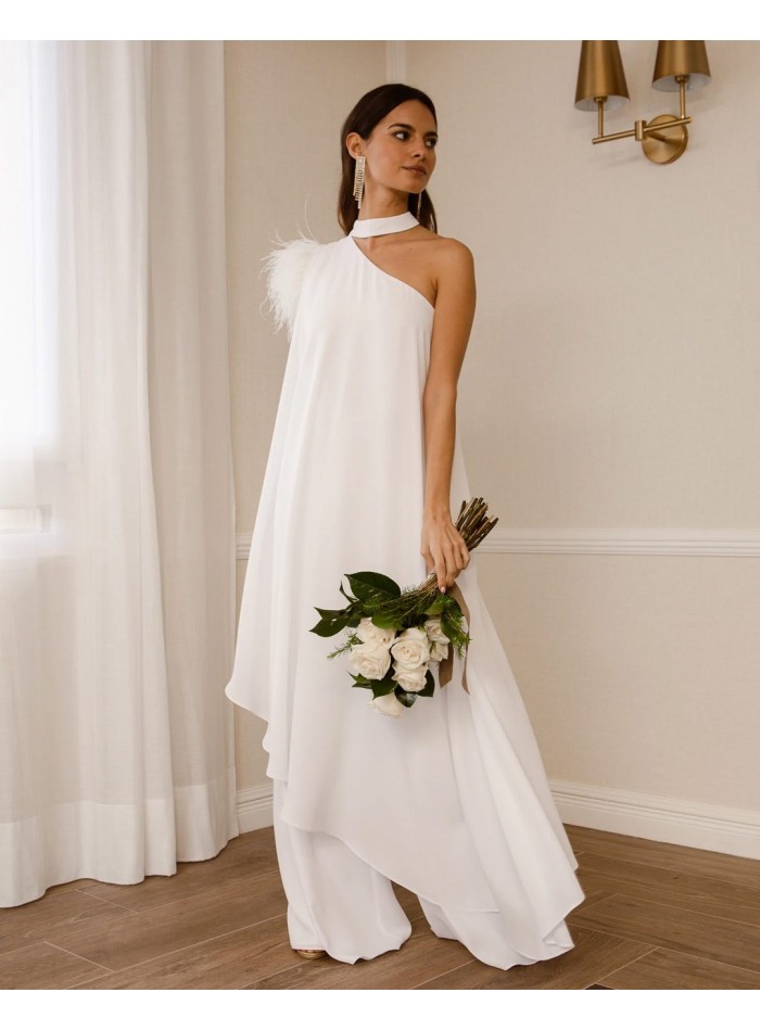 Wedding gown with asymmetrical neckline and feather details