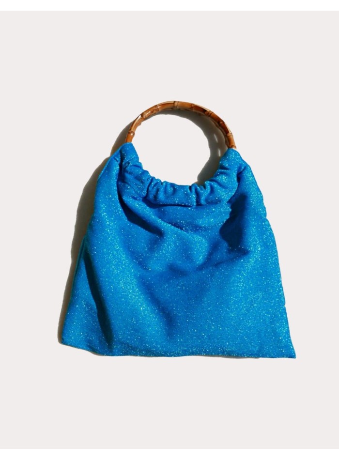 Blue lurex party bag with natural bamboo handle