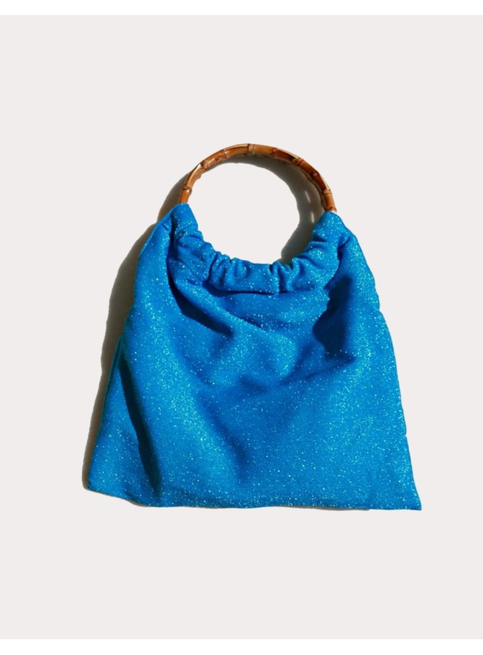 Bolso de fiesta azul lurex con asa de bambú natural