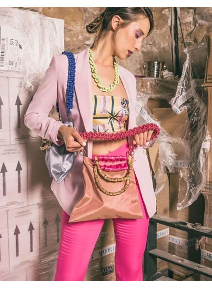 Flamingo pink satin handbag with braided handle