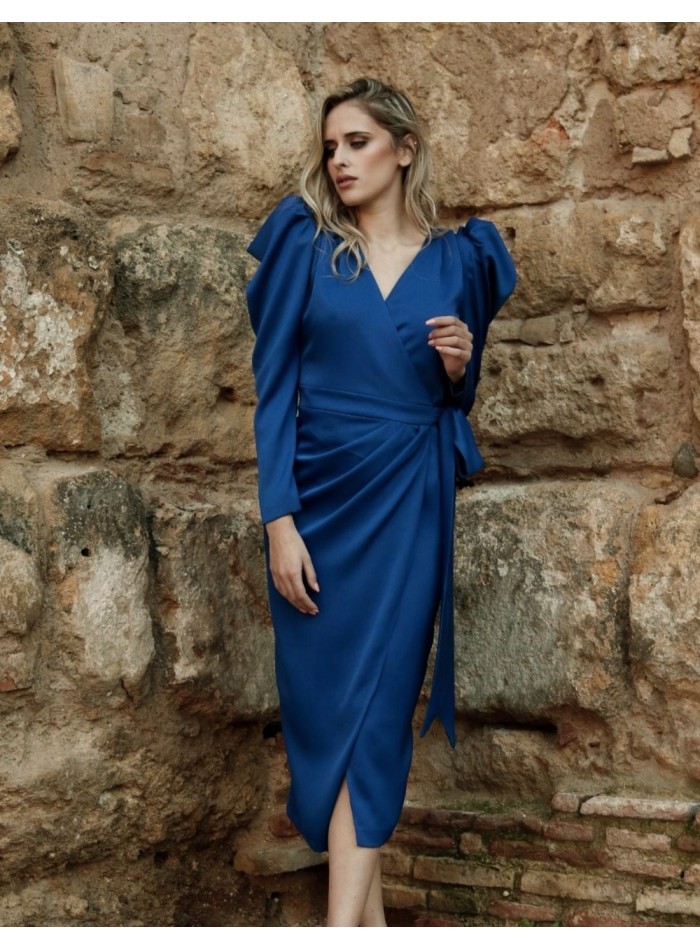 Klein blue satin crossover cocktail dress with V-neck and V-neckline
