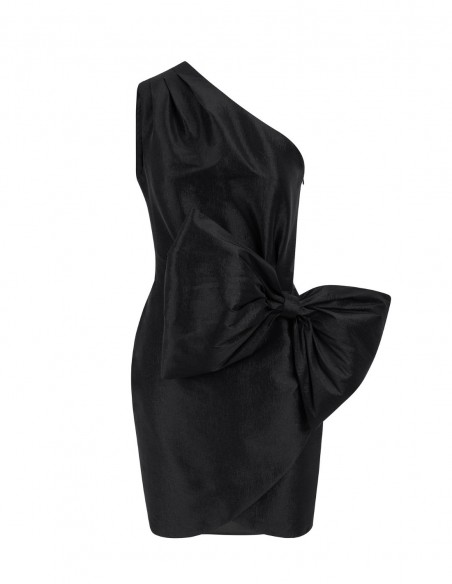 Vestido corto de fiesta con escote asimétrico y maxi lazo