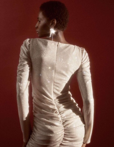 Short draped party dress in shimmering fabric