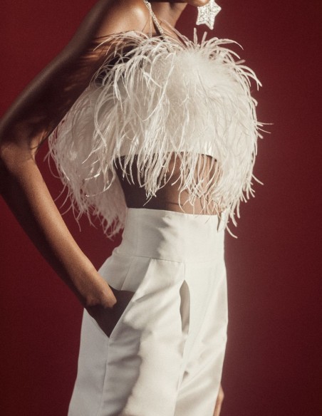 Long party trousers with wide waistband and wide waistband with V detail