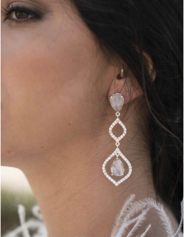 Pendientes de fiesta largos con piedras naturales y circonitas plateado 2