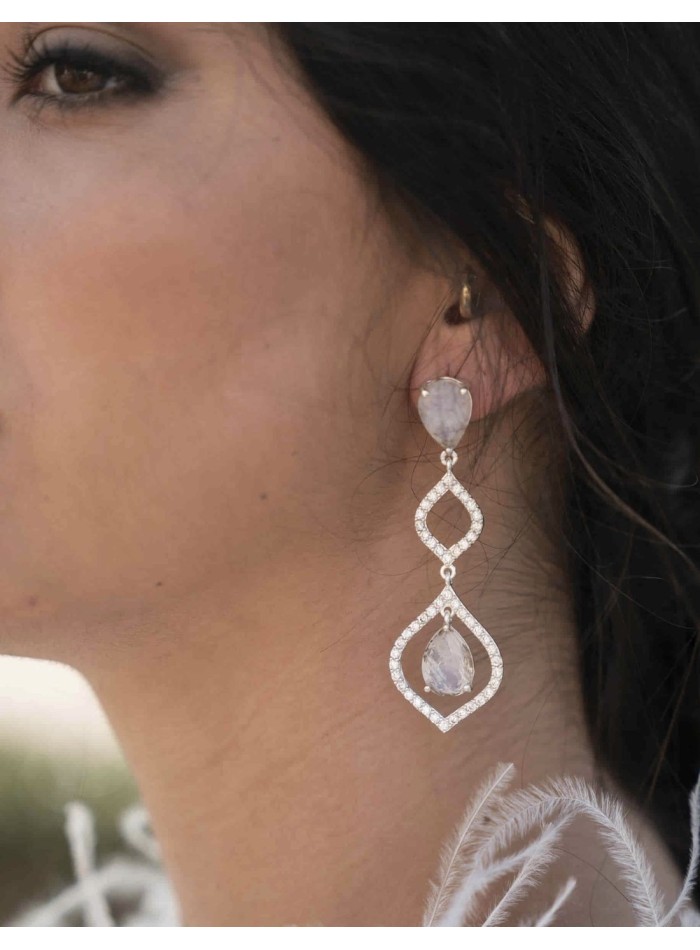 Long party earrings with natural stones and silver plated zircon stones-1