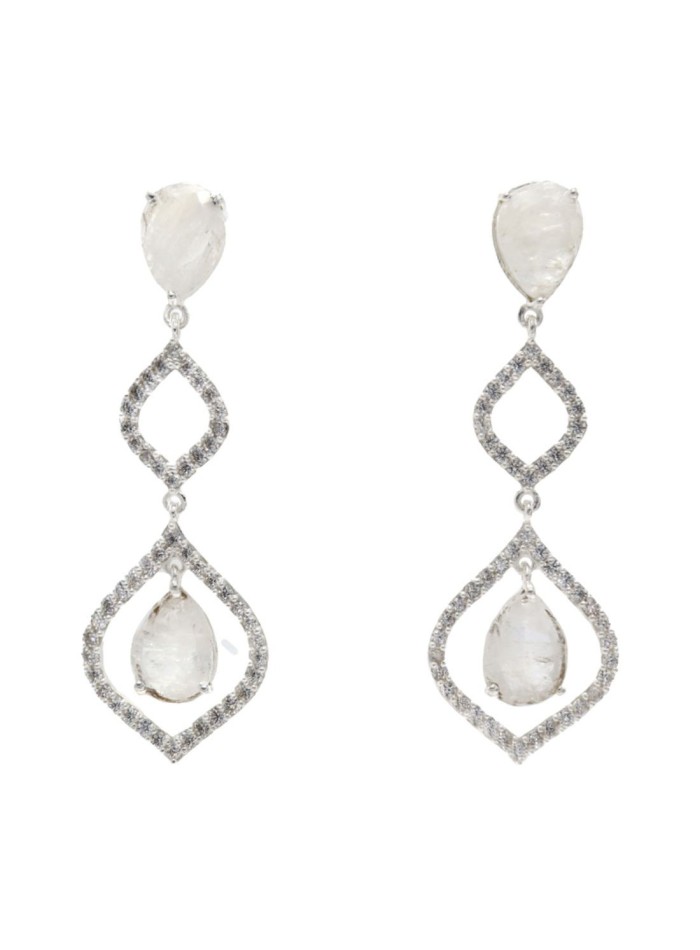 Long party earrings with natural stones and silver plated zircon stones