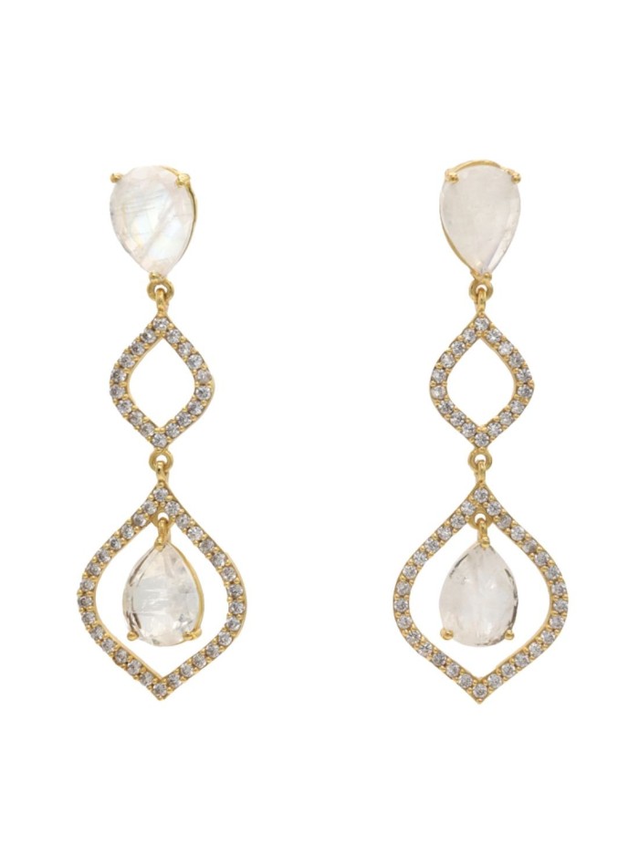 Long party earrings with natural stones and gold plated zirconias