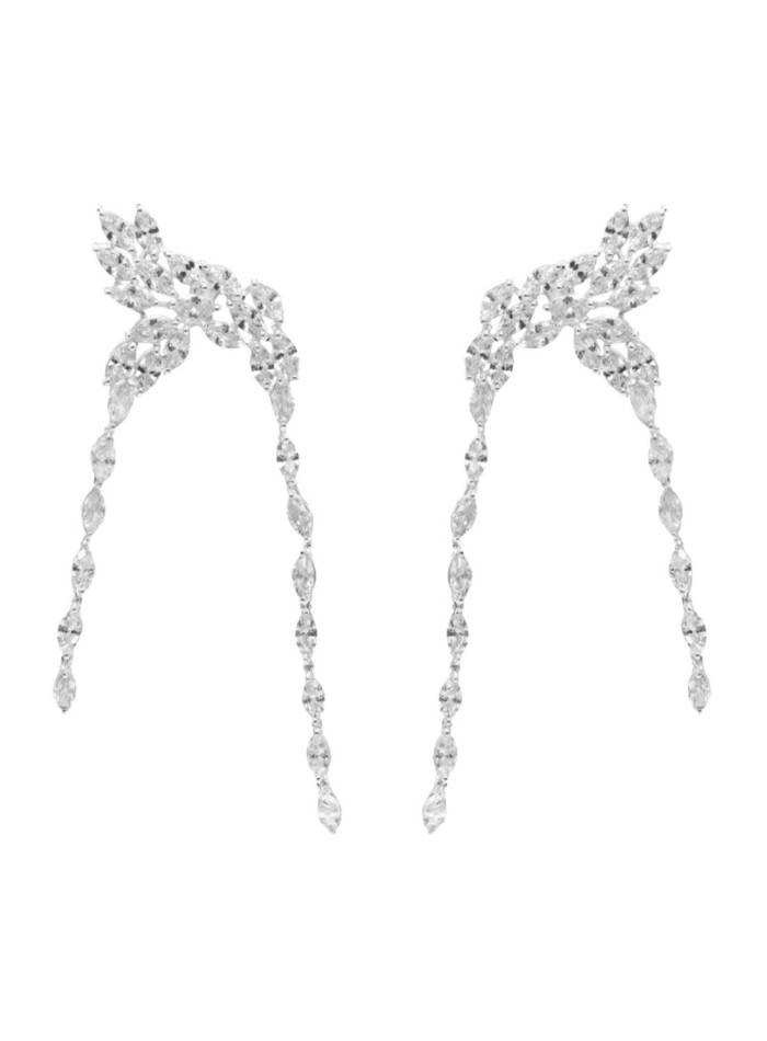 Long party earrings with silver plated crystals in the shape of an arch