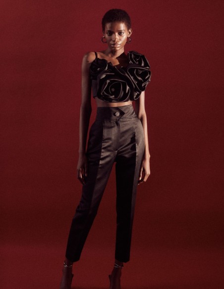 Satin party trousers with jewel button and high waistband