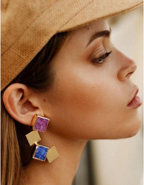 Gold party earrings with colored geometric stones 2