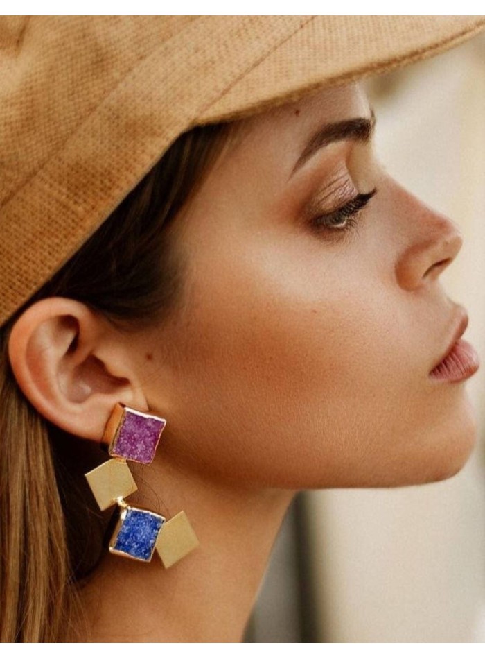 Gold party earrings with colored geometric stones