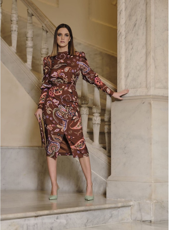 Printed cocktail dress with long puffed sleeves