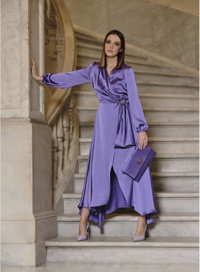 Long sleeve satin party cross over dress with buckle detail