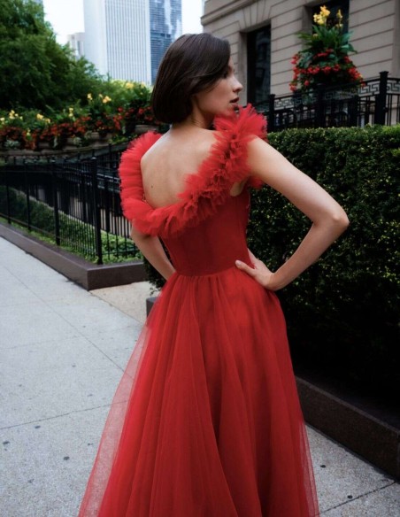 Long party dress with tulle and pleated flounces