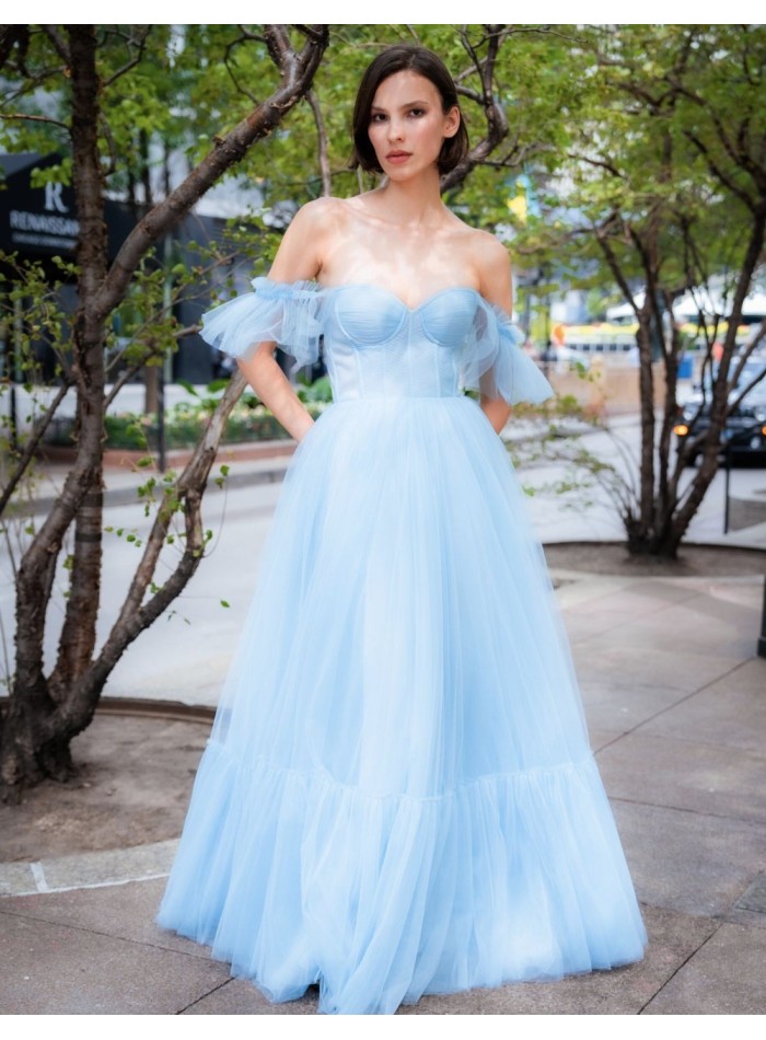 Long tulle party dress with corset style bodice and dropped sleeves